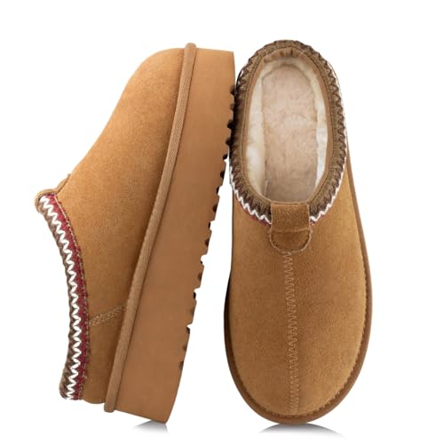 XIXITIAO Slippers for Women Suede Leather Platform Slippers Slip on Cozy Winter Womens House Slippers for Indoor Outdoor pantuflas para mujer Size 9(Brown)