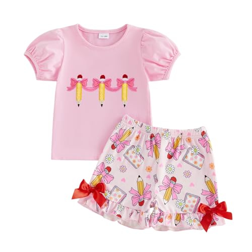 Xiaodriceee Girls Back to School Clothes Pencil Print Puff Sleeve T Shirt Flared Shorts Set Toddler Girl Back to School Outfit(A-Pink 3-4T)