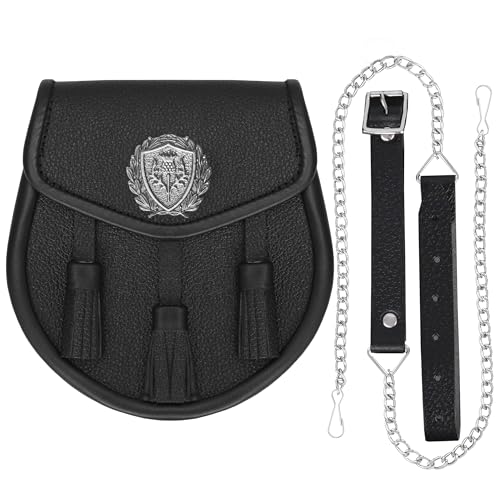 Image of Scottish Original Leather Sporran with Leather Belt & Chain (Black Leather Attique Thistle Badge Sporran)