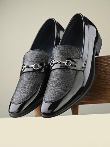 Image of San Frissco Men's Formal Loafers Textured Leatherette Trending Shoes with Buckle,Semi Casual Cushioned Footbed Cushioned Footbed Formal Party Slip-On Glossy Shoe & Lightweight