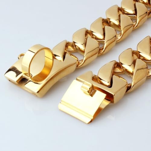 Goldfarbenes Hundehalsband, 32mm, Kubanisches Gliederhalsband mit Sicherer Schnappschnalle, 18 Karat Edelstahl, Für Alle Rassen, Mittelgroße Und Große Hunde(Gold,65cm)