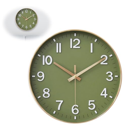 Azonee 12-Inch Silent Non-Ticking Modern Wall Clock Olive Green and Gold for Living Room Bedroom Kitchen Office Classroom Decor (Batteries not included)