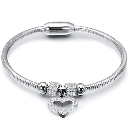 Jude Jewelers Stainless Steel Heart Charm Cubic Zircon Anniversary Valentine Bangle Bracelet