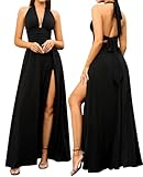 XinFSh Women's Halter V Neck Wedding Guest Maxi Dress Sexy High Slit Bow Tie Beach Vacation Long Formal Dresses Black
