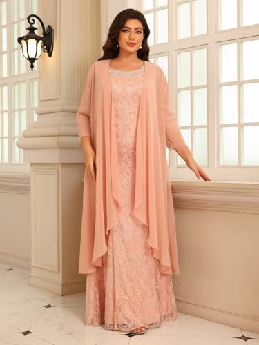 Women's 2 Piece Crew Neck Chiffon Mother of The Bride Dresses with Jacket Sparkly Beaded Formal Evening Party Gown DE3792