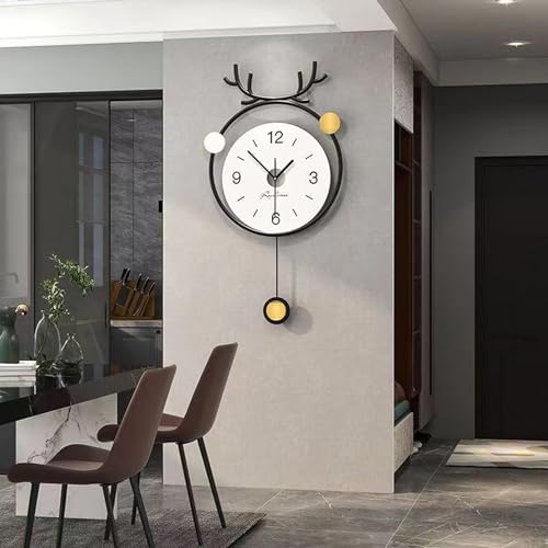 Reloj de pared que funciona con pilas, reloj de pared grande decorativo de metal, moderno, silencioso, sin tictac, con péndulo, para sala de estar, oficina, cocina, dormitorio, color negro