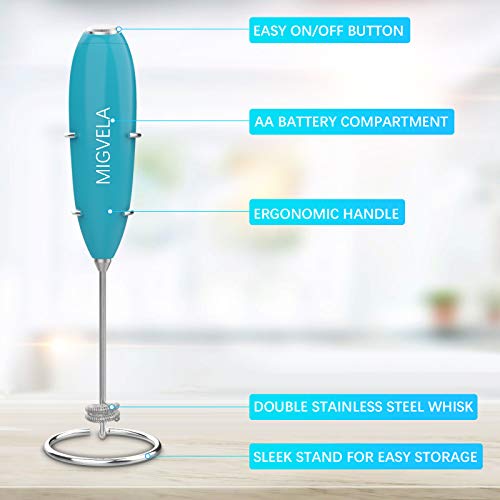 Image of Coffee Milk Frother Handheld Double Whisk Electric Drink Mixer Battery Operated One-Button Hand Held Foam Maker with Stand for Coffee Latte Cappuccino Hot Chocolate (Blue)