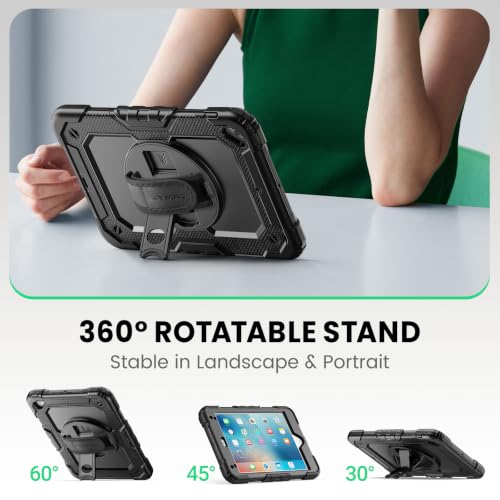 Image of SEYMAC Case for iPad mini 5 / Mini 4 7.9 Inch, Black | Full-body Shockproof Protective, 360 Rotating Stand, Built-in Screen Protector, Hand /Shoulder Strap
