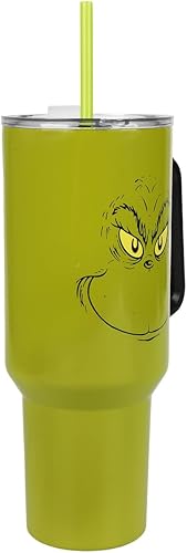 Miniatura 3 de Bioworld Grinch Grinning Face - Vaso de acero inoxidable con asa (40 onzas), color verde