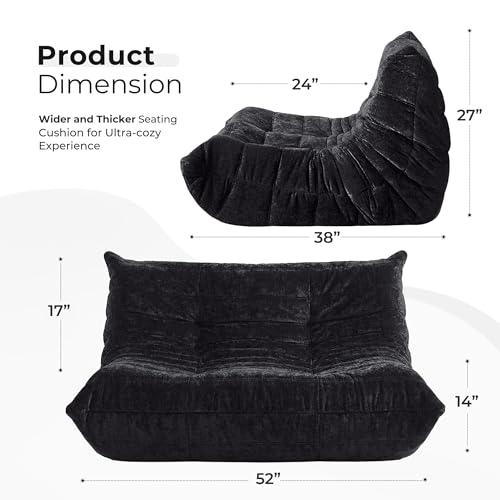 Image of Giant Bean Bag Chairs Loveseat for Adults,2 Seater,Black | Loveseat Fireside Chair, Memory Foam Lazy Bean Bag Couch for Living Room, Bedroom, Dorm, Office