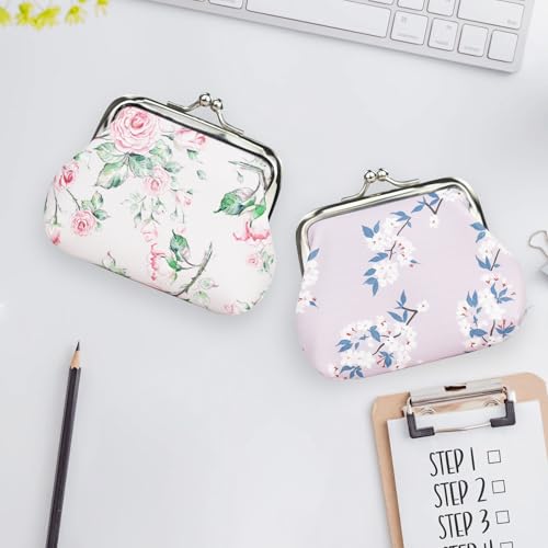Image of FuninCrea 2 Pcs Faux Leather Coin Purse for Women with Kiss Lock, Floral Pattern Change and Coin Wallet Double Clasp Closure Mini Wallet for Cash Key (Rose+Light Purple)