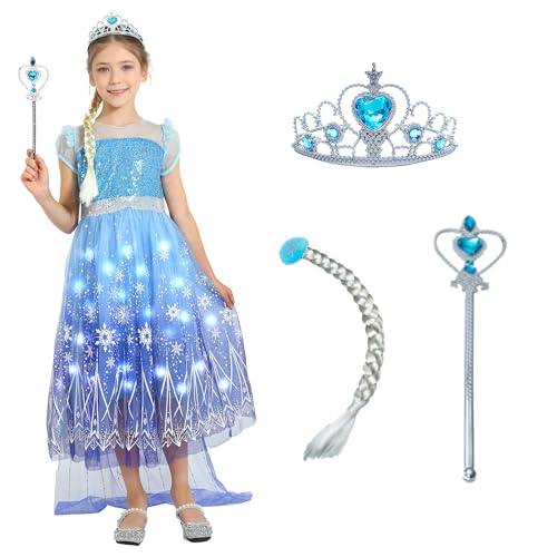 Lingway Toys Light Up Girls Princess Costume Elsa Costume for Girls with Accessories Kids Halloween Cosplay Outfit 7-8