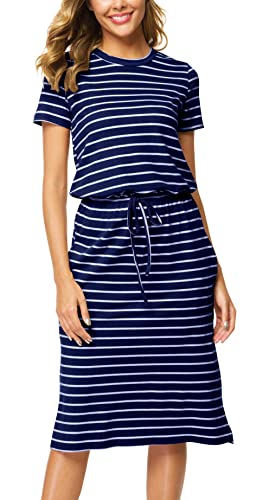 Women Spring Pocket Short Sleeve Modest Casual Midi Knee Dress Striped Navy M #TOP2