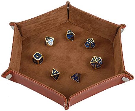 STYLIFING Dice Tray Metal Dice Rolling Tray Holder Storage Box for RPG DND Table Games, Double Sided Folding Thick PU Leather and High-Class Velvet Camel