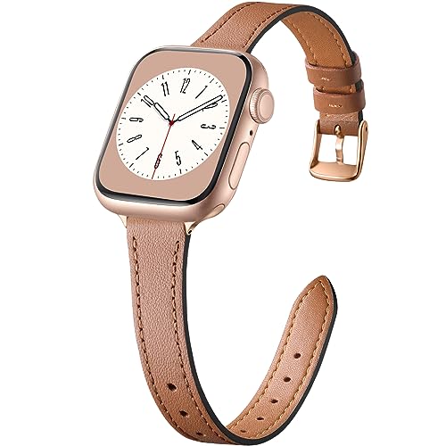Charlam Slim Leather Band Compatible with Apple Watch Band 40mm 38mm 41mm 42mm 44mm 45mm 46mm Women,Top Grain Genuine Leather Strap Thin Watch Wristband for iWatch Series 10 9 8 7 6 5 4 3 2 1 SE Ultra