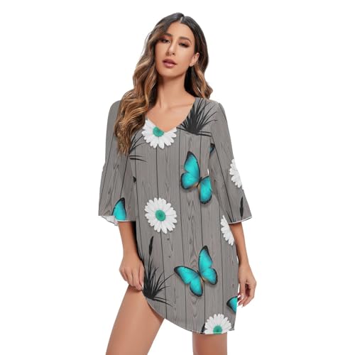 Robe d'été courte grise à fleurs motif marguerite et papillon manches 3/4