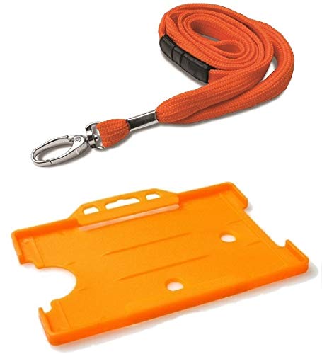 Identity-Plus: Orange Neck Lanyard (Tubular Material, Metal Lobster Clip, Safety Breakaway) with Orange Single Sided Landscape ID Card Holder (75)