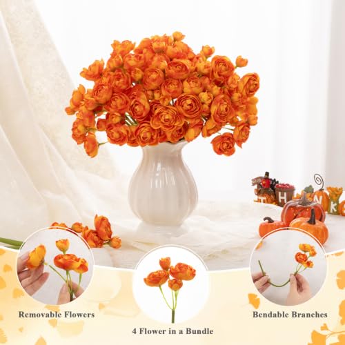 U'Artlines Mini Ranunculus Artificial Flowers Bouquet 20 PCS Citrus Orange - image 5