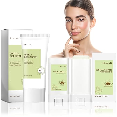 Centella Sunscreen 60ml, Stick Solaire Centella 20g, Creme Solaire Centella, Creme Solaire Corps et Visage, SPF50+ PA++++, Non Lourd, Non Gras, Protecteur UV, Convient à Tous les Types de Peau