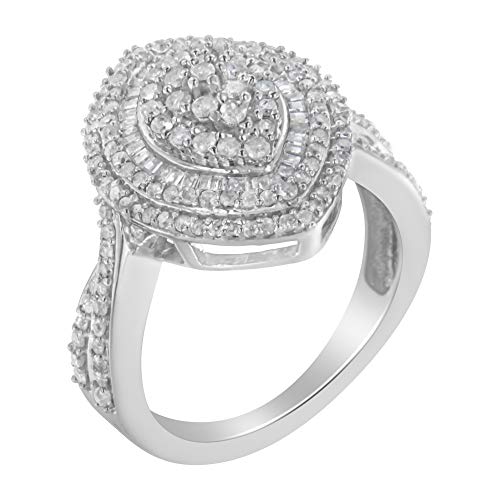Haus of Brilliance .925 Sterling Silver 1.0 Cttw Round & Baguette-Cut Diamond Marquise-Shaped Cluster Triple Stepped Halo Cocktail Fashion Ring (I-J Color, I2-I3 Clarity) - Size 8