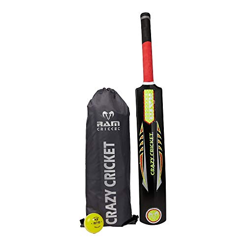 Ram Cricket Crazy - Juego de bate y pelota de críquet de plástico duradero con zona de golpeo potente - Tamaños 6, 4, 2, 0 - Pelota suave cosida en relieve