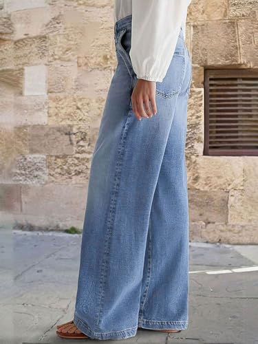 Flamingals Wide Leg Jeans for Women Mid Waist Baggy Stitch Decor Denim Washed Pants Without Belt - Image 4