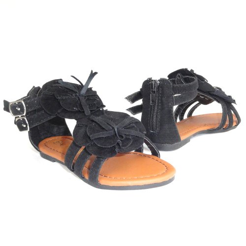 Girl's T-Strap Flower Rosette Gladiator Flat Sandals Black, 9-4