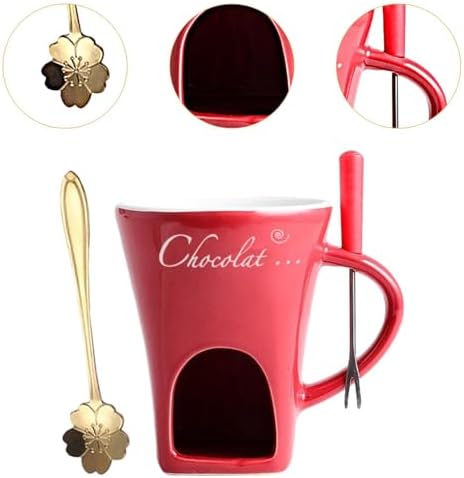 NonMiFyR Chocolate Ceramic Fondue Mug Set Fondue Warmer Bowl with Fork and Spoon for Butter Heating Suitable for, red