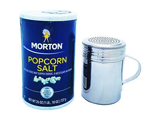 Morton Popcorn Salt with Stainless Steel Salt Shaker Pack - Super Fine Popcorn Salt 26 ounces and Maitland Home Stainless Steel Dredge with Handle 10 oz capacity - Makes Adding Salt to Popcorn Easy!