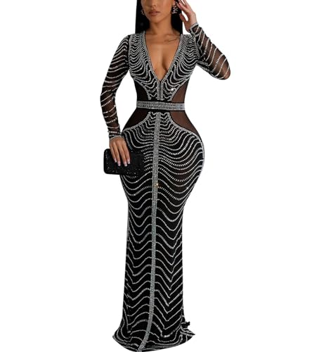 Image of PORRCEY Women's Sexy Elegant Rhinestone Bodycon Dress Hot Drilling Clubwear
