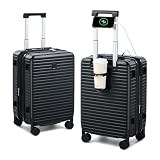 HanTrip Hard Shell Suitcases Airline Approved 20 Inch Carry on Luggage with Wheels, Expandable Travel Luggage with Cup Holder Charger Built in Lightweight Small Suitcase, Black