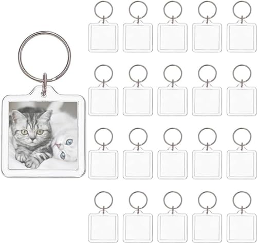 BetterJonny 20Pcs Llaveros Acrílicos Transparentes, Llavero Personalizado con Foto Llaveros Doble Cara Transparente Acrílico Llavero con Foto en Blanco para Familia Amigos Regalos (Cuadrado)