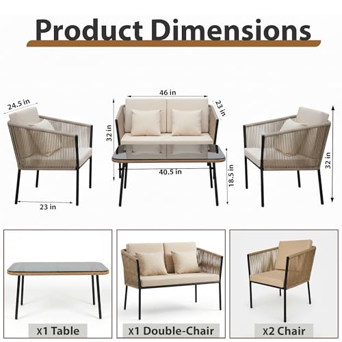 Image of OUTLIVING Braid & Rope 4 Seater Garden Patio Seating Chair and Table Set Outdoor Balcony Garden Coffee Table Set Furniture with 1 Table and 4 Chairs Set with Cushion (Beige)