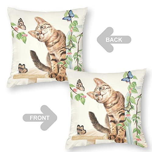 Hedyzone Cat Pillow Covers Butterfly 18"×18" Lovely Cartoon Pattern Beige Background Throw Pillowcase For Home Decor #TOP4