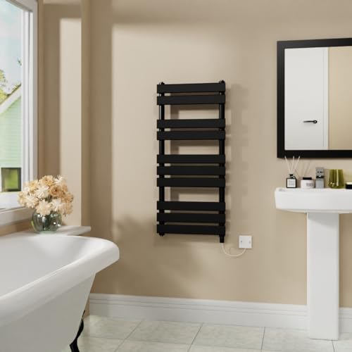 Warmehaus Electric Flat Panel Heated Towel Rail Black Bathroom Ladder Radiator Warmer 1000x450mm 600W