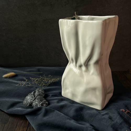 Sefuez White Ceramic Flower Vase,Paper Bag Vase With Modern Home Minimalism Decor,Square Pleats Large Capacity For Flowers,Funky Decor For Table,Living Room,Bedroom,Decorative Gift #TOP5