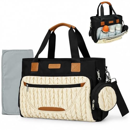 Image of FHELAD Diaper Bag Tote for Women, Baby Diaper Bag 16L (Black-White) | 5 Insulated Pockets, Changing Pad, Pacifier Case, Stroller Clip, 15.6 Inch Laptop Compartment, Detachable Shoulder Strap