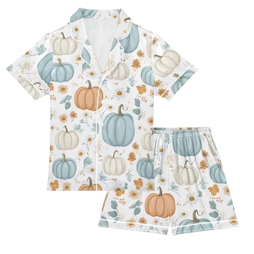 Fall Pastel Pumpkins Daisy Flower Pajamas Set Soft Satin Pjs Sets 2 Piece Short Sleeve Sleepwear Casual Loungewear