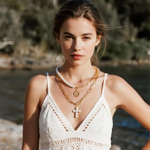 Layered Pearl Necklace for Women Trendy Simple Necklace Gold Chain Choker Necklace Pearl Cross Necklace Tiny Gold Jewelry for Women3