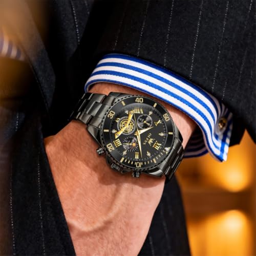 Image of OLEVS Mens Watches Chronograph Luxury Dress Moon Phase Two Tone Stainless Steel Waterproof Luminous Business Calendar Wrist Watch