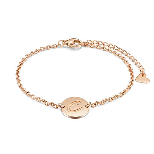 THREE KEYS JEWELRY C Initial Bracelet Bracelet Initial Rose Gold Tone Initial Bracelet 316L Stainless Steel Disc Pendant Letter Alphabet Name Necklaces for Women Girls