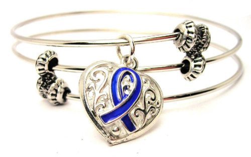 ChubbyChicoCharms Colon Cancer Blue Lace Heart Awareness Ribbon Triple Wire Adjustable Bracelet Made in the USA