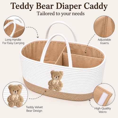 Image of Baby Diaper Caddy Organizer, Teddy Bear Cotton Rope Nursery Basket