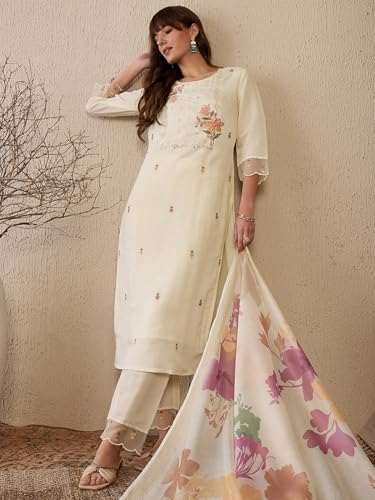 Image of INDO ERA Women Chanderi Silk Straight Floral Embroidered Kurta And Pant With Dupatta Set (IESTR9803)