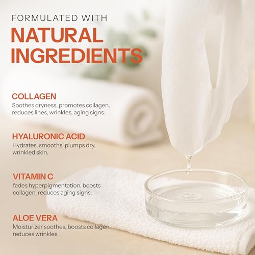 Image of Skin 2.0 Vitamin C & Collagen Sheet Mask - Anti-Aging, Wrinkle & Age Spot Reducer, Hydrating & Moisturizing - Dermatologist Tested Korean Skincare, Clean Beauty, All Skin Types - 10 Count