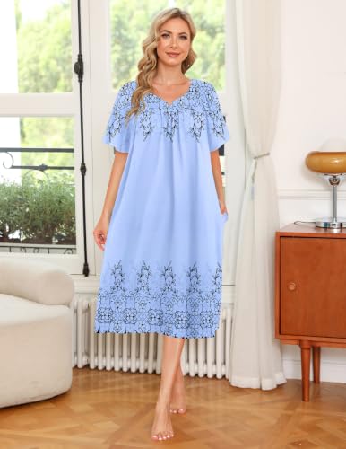 Image of Ekouaer 2 Pack House Dresses for Women with Pockets Short Sleeve Moo Moos | Floral Print Mumu Dresses, V-Neck Pleated Nightgown, Soft, No-Pilling, Wrinkle-Free Moomoo Dress for Home & Garden, S-4XL