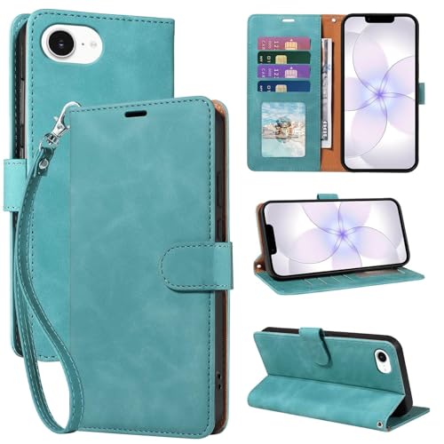 JHWVVTF RFID Blocking for iPhone 17e Wallet Case 4 Card Slots Holder Wrist Strap Soft PU Leather Shockproof Protective Phone Stand Flip Cases Magnetic Closure Folio Cover (Green)