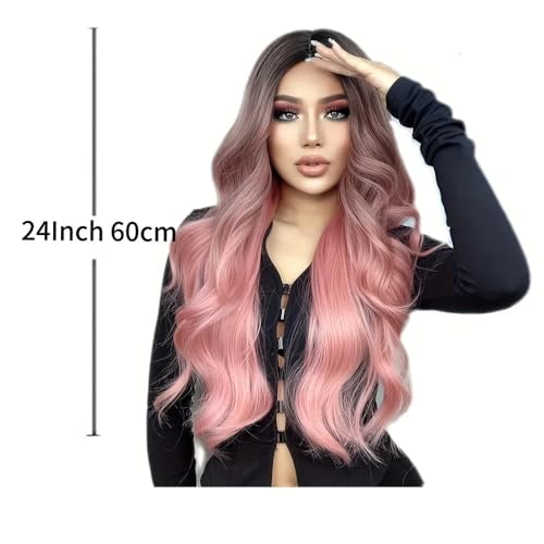 Perruque synthétique mi-longue bouclée noire dégradée rose pour cosplay - 3