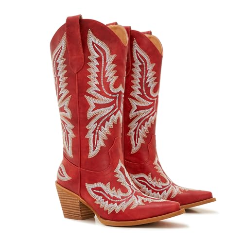 Image of Cowboy Boots for Women - Embroidered Western Cowgirl Boots with Fashion Snip Toe, 1.75-Inch Low Block Heel and All-Day Comfort Fit