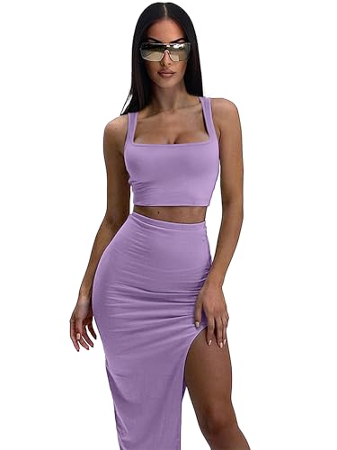 Image of ELLEVEN Two Piece Maxi Skirt Sets for Women, Square Neck Tank Tops with High Side Slit Dress Sets Summer Outfits